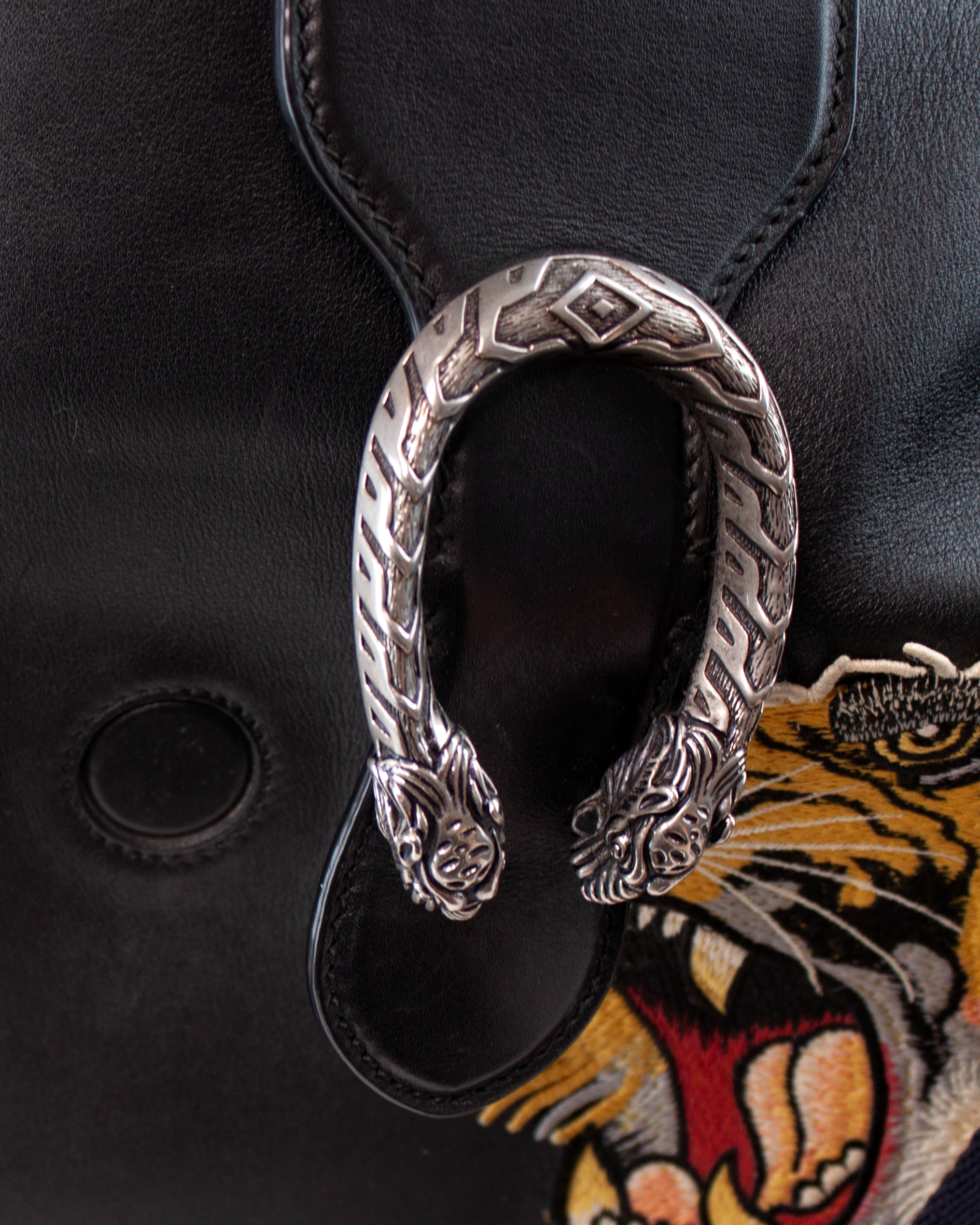 Embroidered Tiger Patch Dionysus Leather Hobo Bag