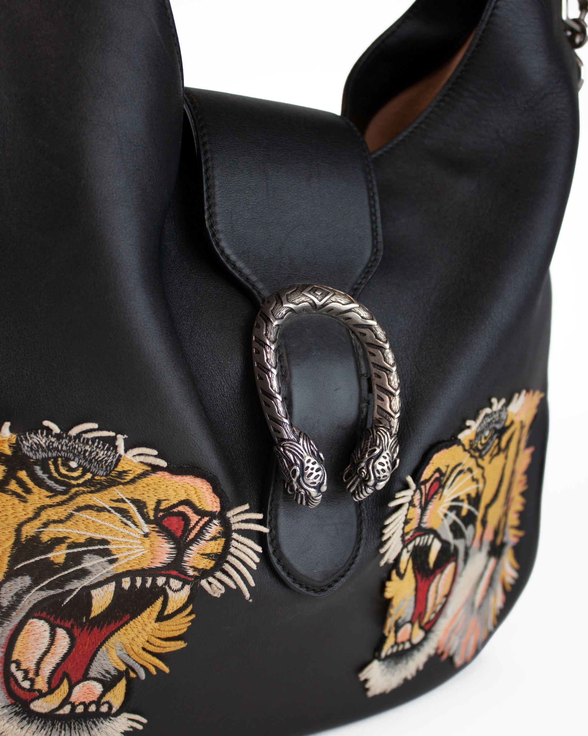 Embroidered Tiger Patch Dionysus Leather Hobo Bag