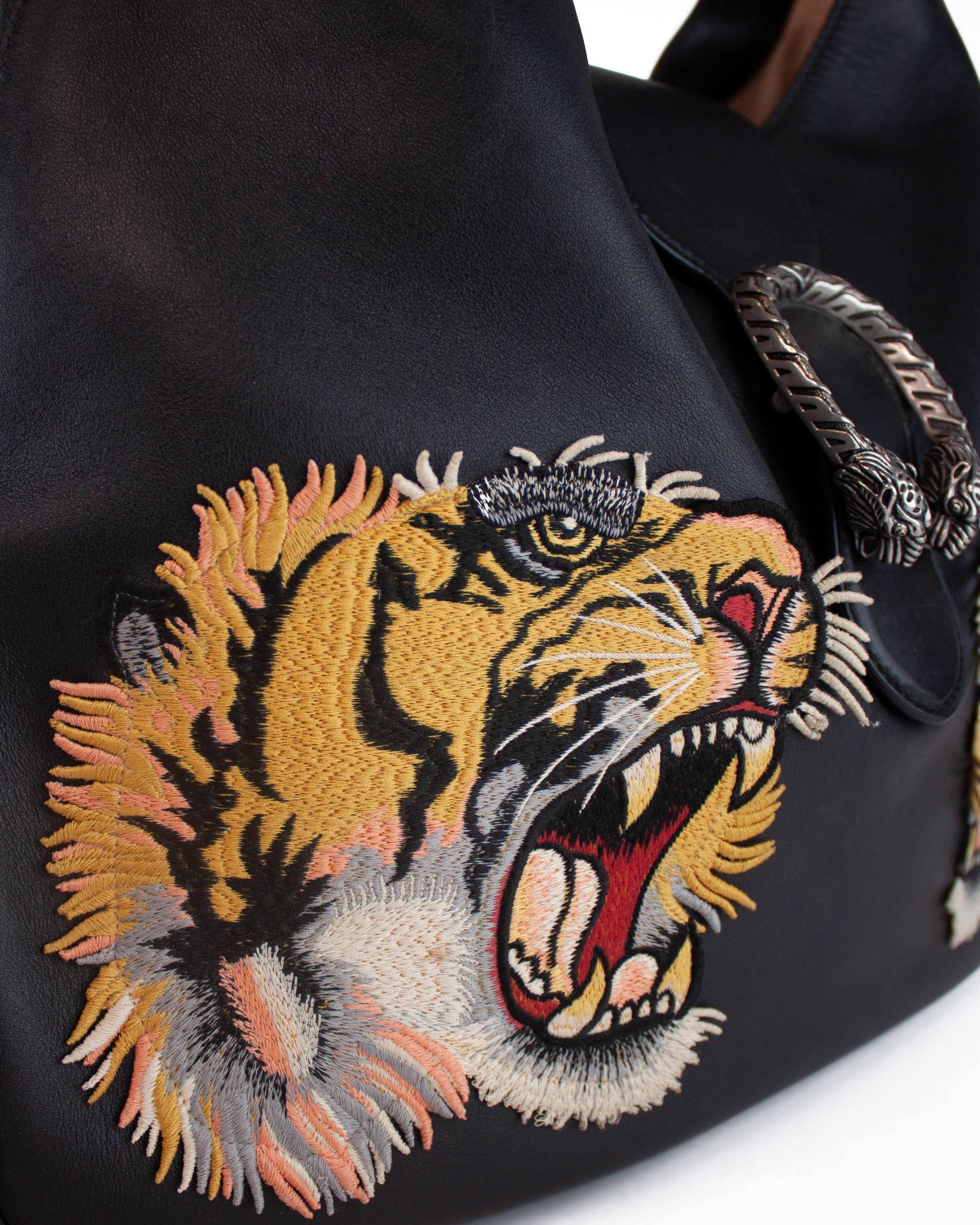 Embroidered Tiger Patch Dionysus Leather Hobo Bag